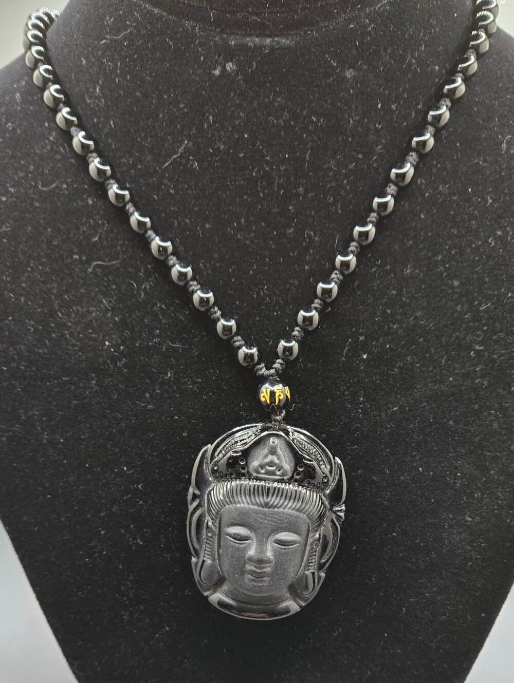 Obsidian Buddha Pendant Necklace - Adjustable 16" - 24" Double Knotting